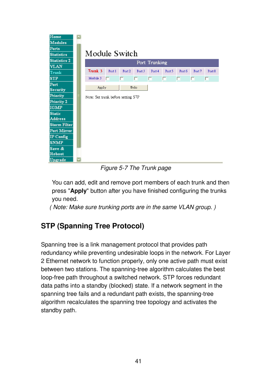 TRENDnet TEG-S4000I manual STP Spanning Tree Protocol, Trunk 