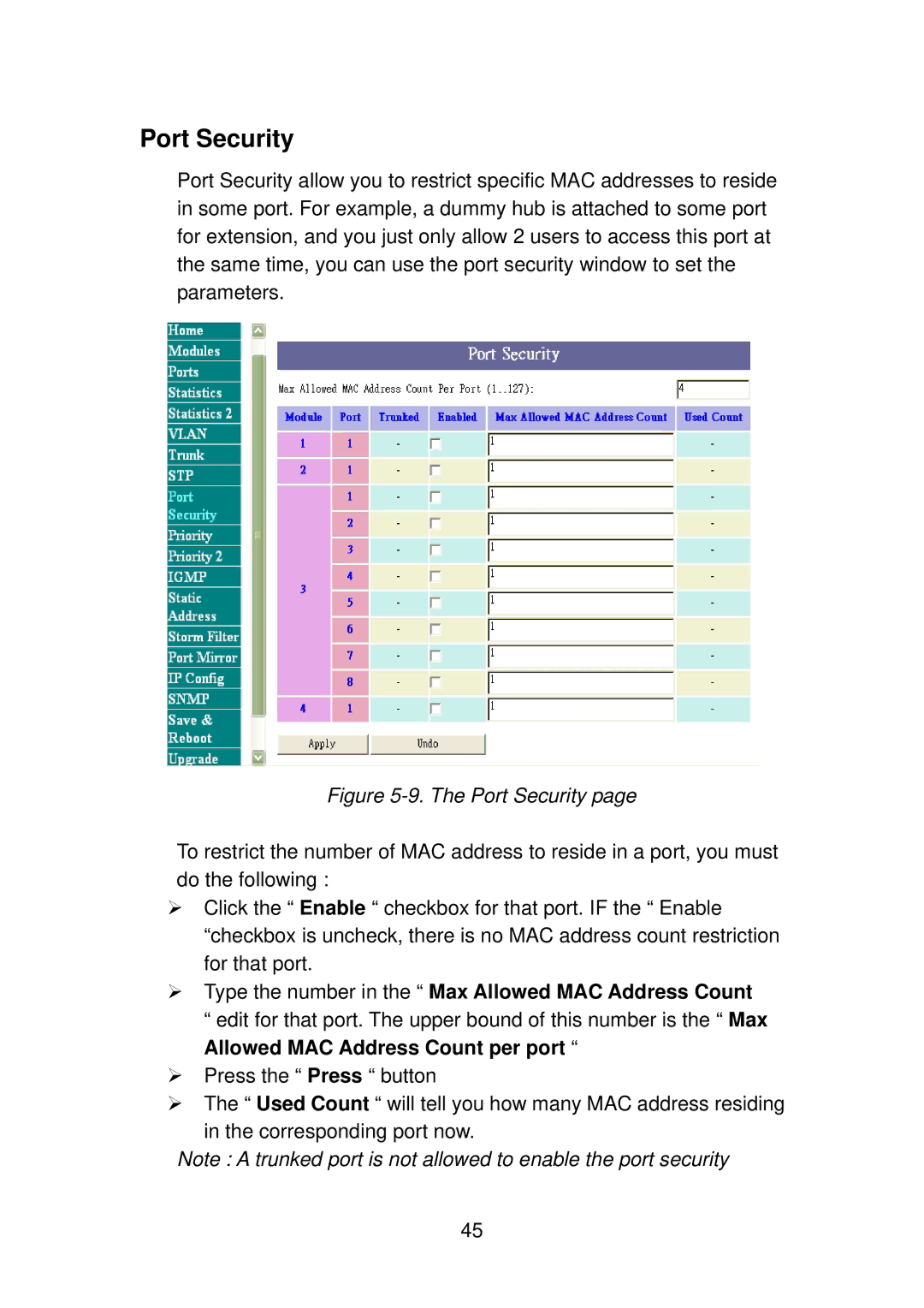 TRENDnet TEG-S4000I manual Type the number in the Max Allowed MAC Address Count 