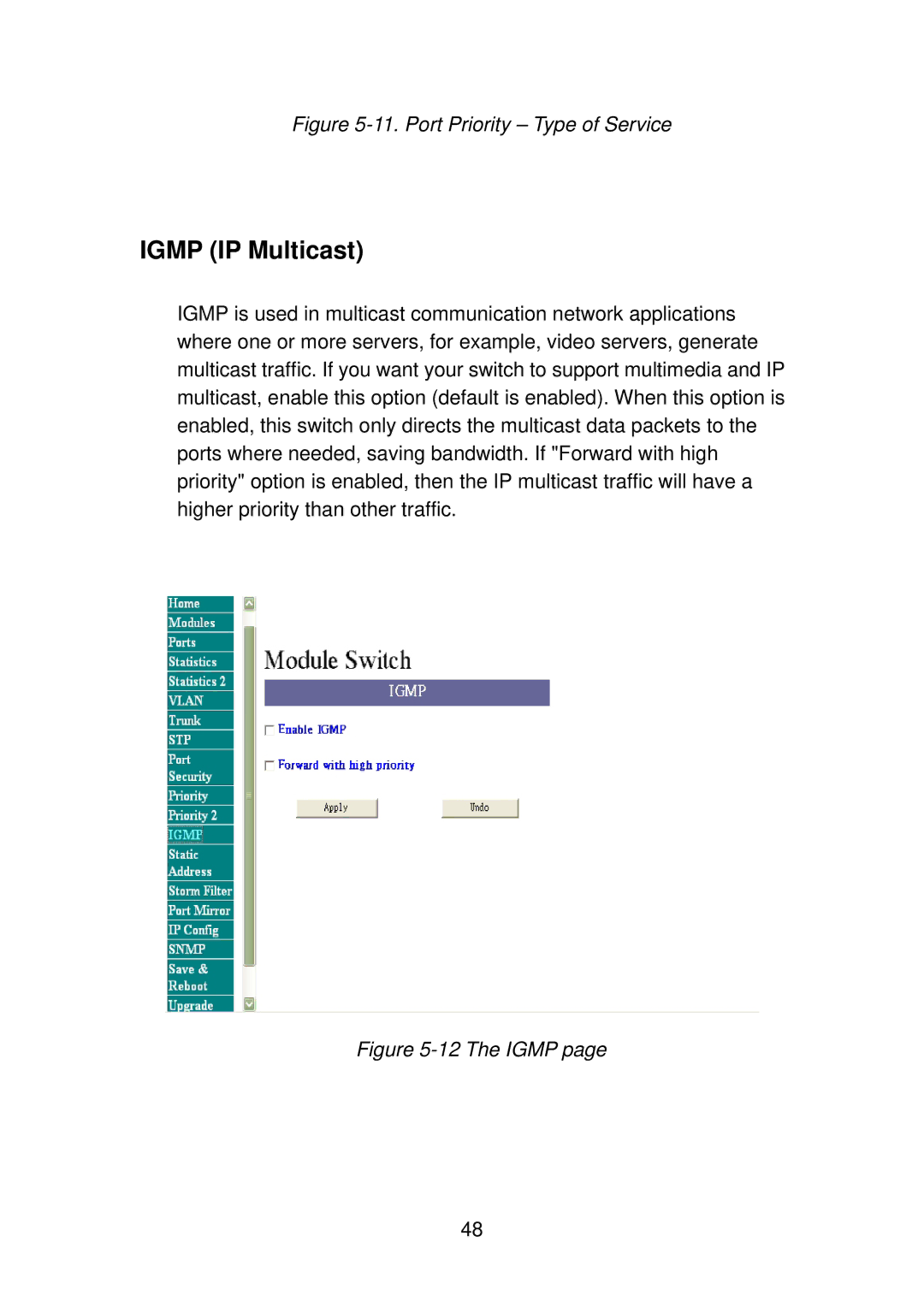 TRENDnet TEG-S4000I manual Igmp IP Multicast, Port Priority Type of Service 