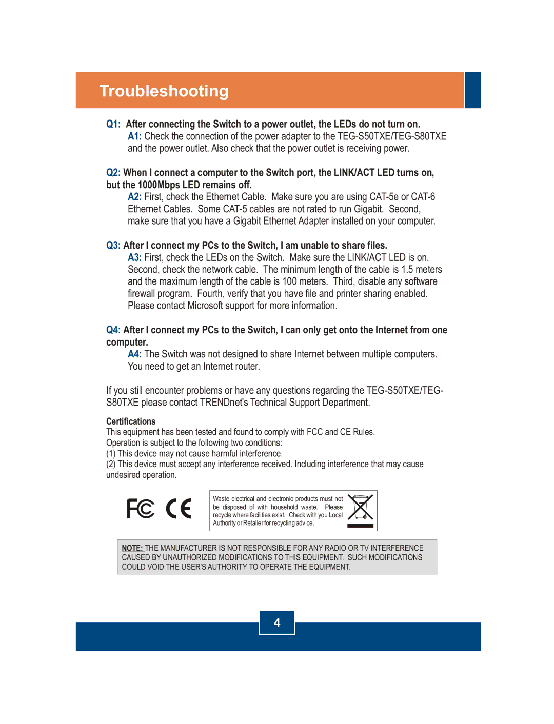 TRENDnet TEG-S50TXE, TEG-S80TXE manual Troubleshooting, Certifications 