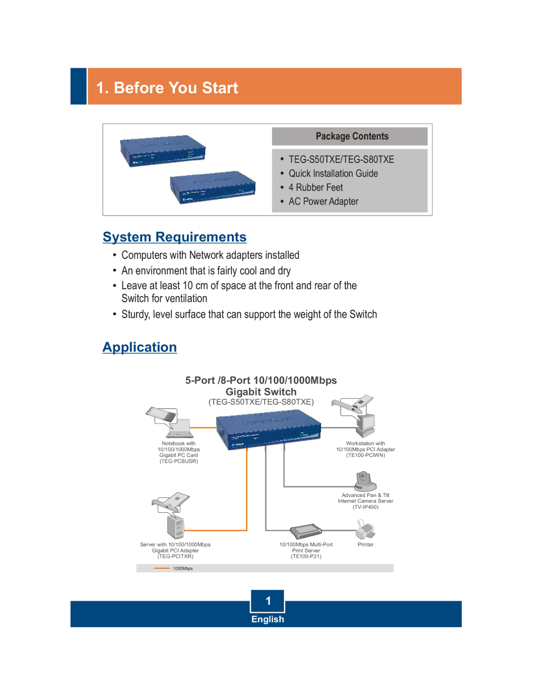 TRENDnet TEG-S50TXE, TEG-S80TXE, Gigabyte Ethernet Switch with External Power Supply Before You Start, System Requirements 