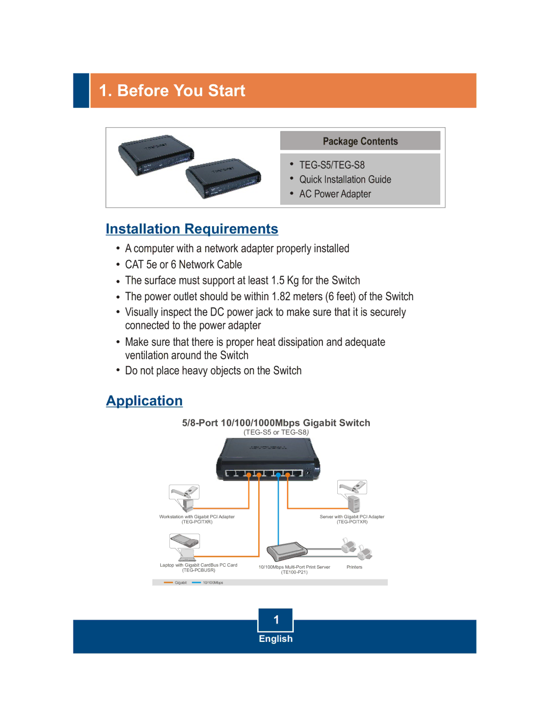 TRENDnet TEG-S5, TEG-S8 manual Before You Start, Package Contents 