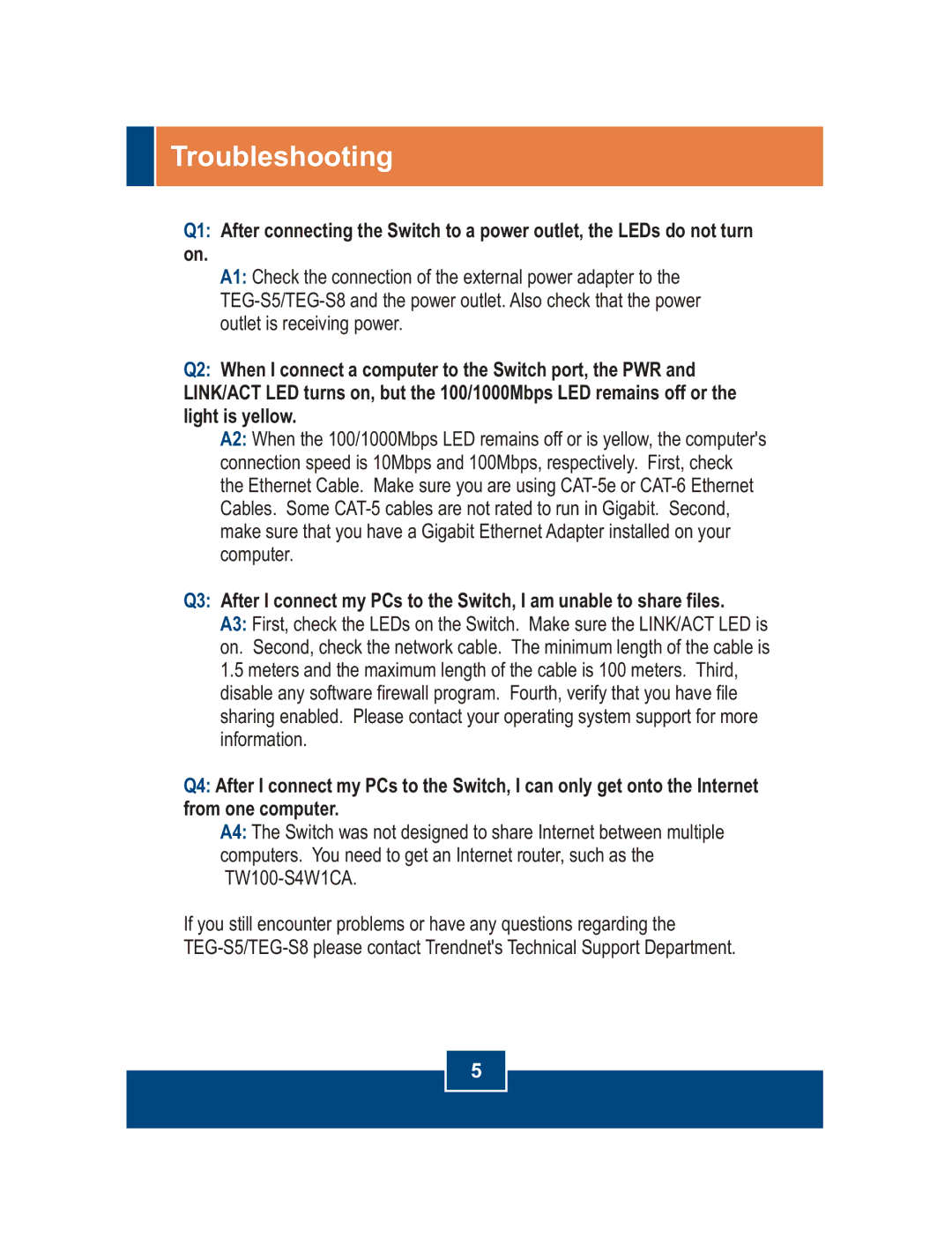 TRENDnet TEG-S5, TEG-S8 manual Troubleshooting 