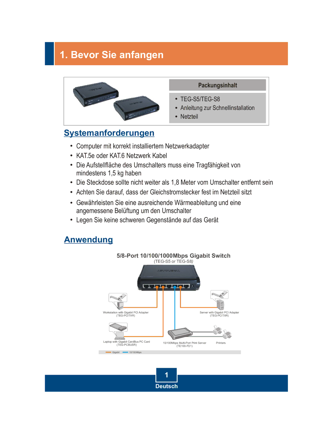TRENDnet TEG-S5, TEG-S8 manual Bevor Sie anfangen, Packungsinhalt 