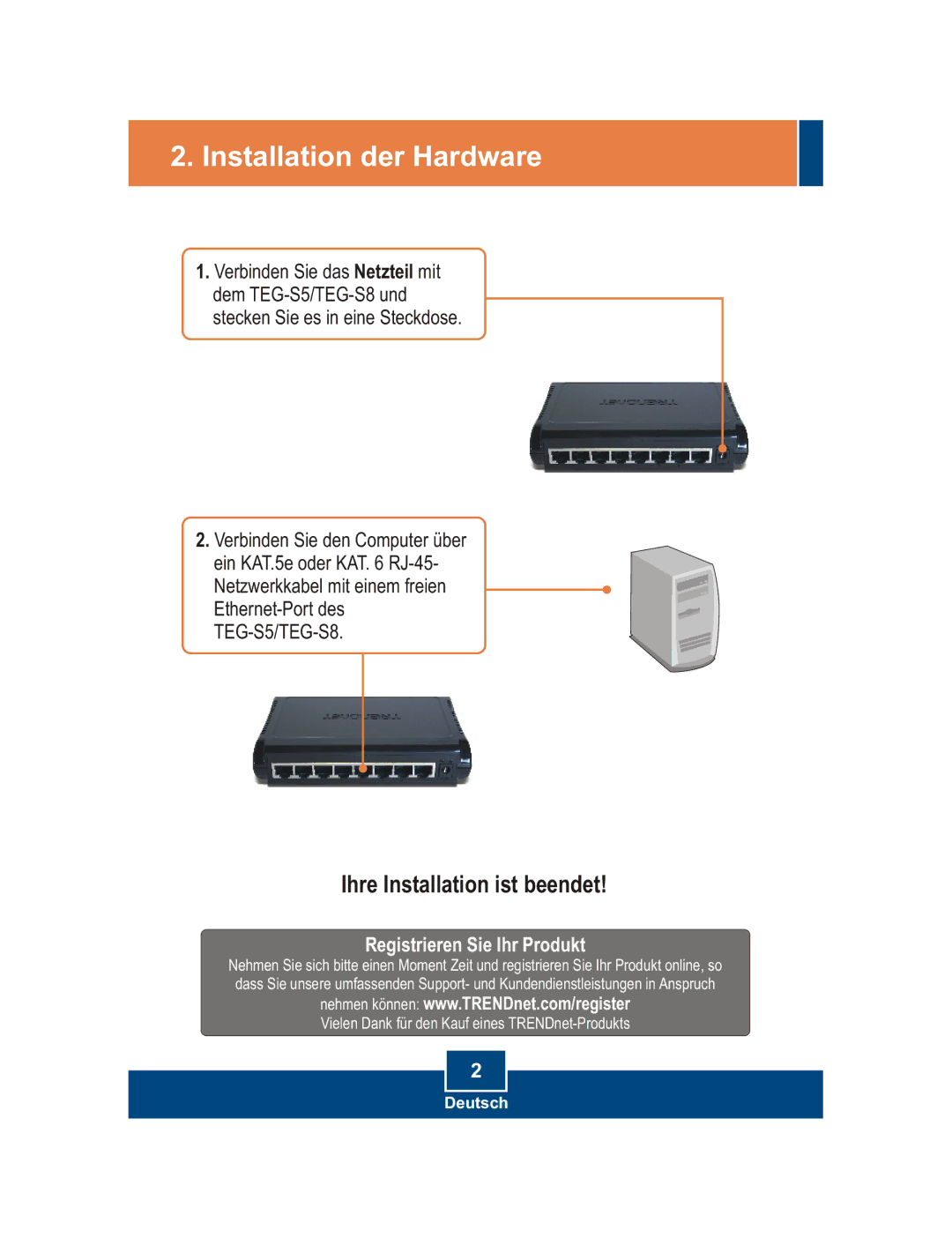 TRENDnet TEG-S8, TEG-S5 manual Installation der Hardware 