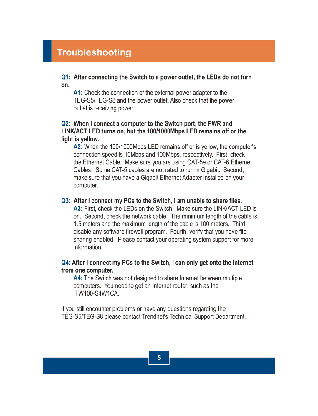 TRENDnet TEG-S5, TEG-S8 manual Troubleshooting 
