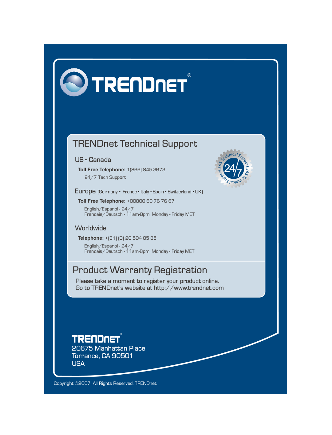 TRENDnet TEG-S5 Manhattan Place Torrance, CA USA, TRENDnet Technical Support, Product Warranty Registration, US . Canada 