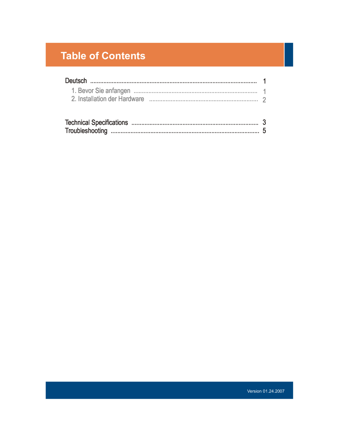TRENDnet TEG-S8 manual Table of Contents, Deutsch, Bevor Sie anfangen, Installation der Hardware, Technical Specifications 