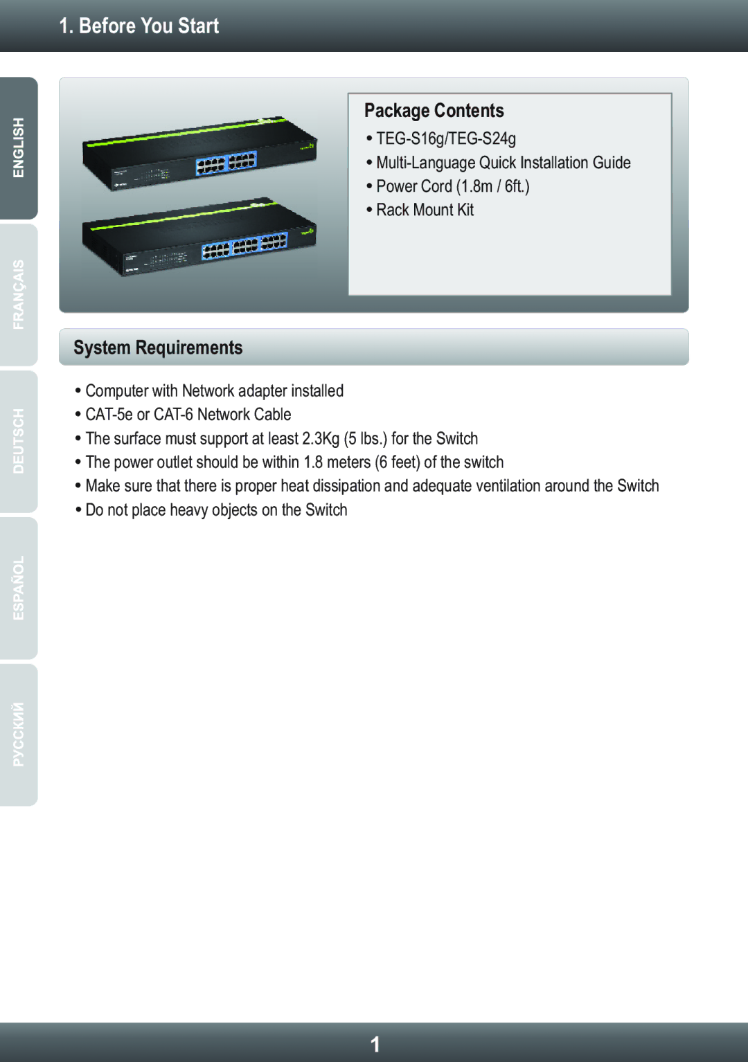 TRENDnet TEGS24g, TEGS16g manual Before You Start, Package Contents 
