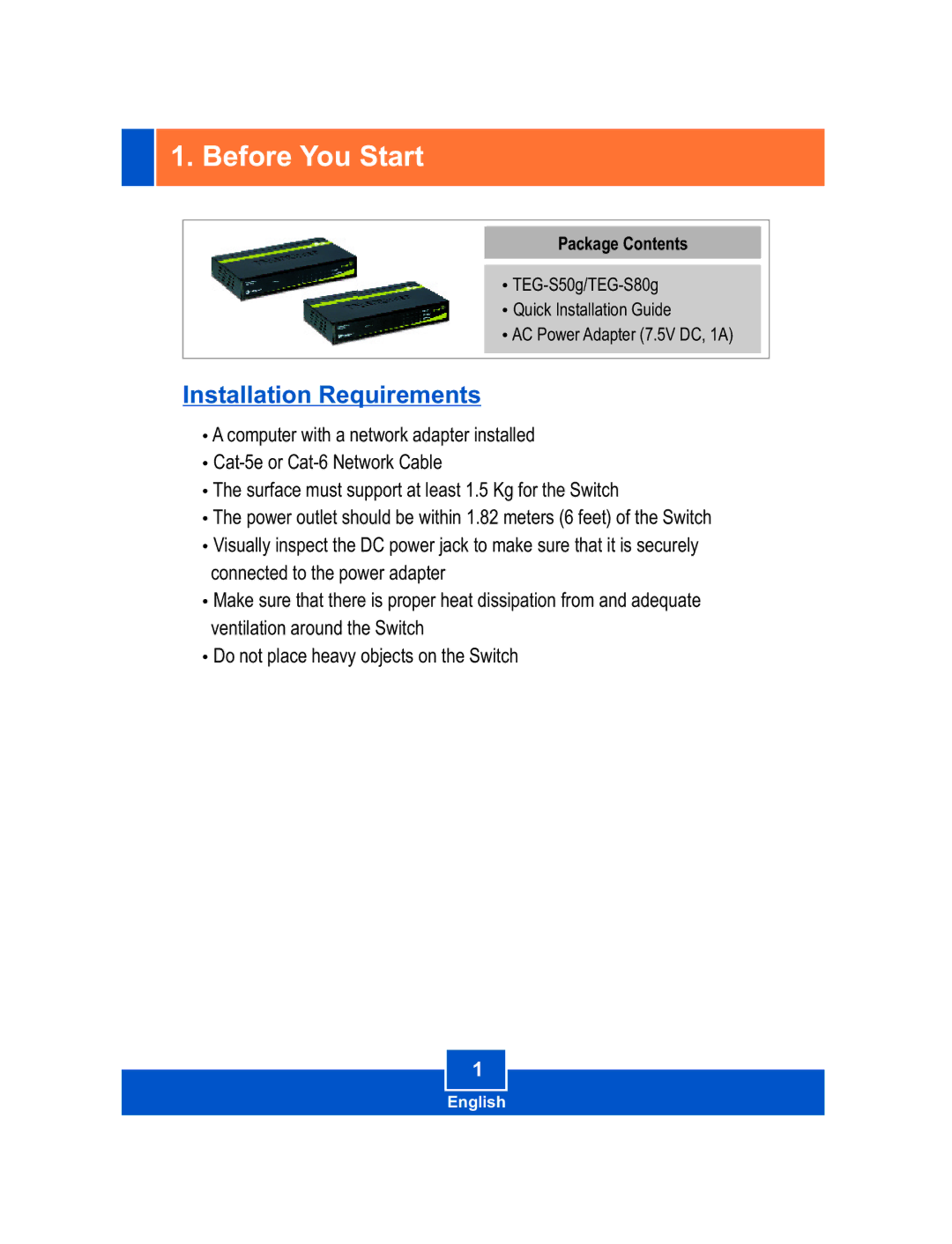 TRENDnet TEGS50G manual Before You Start, Installation Requirements, Package Contents 