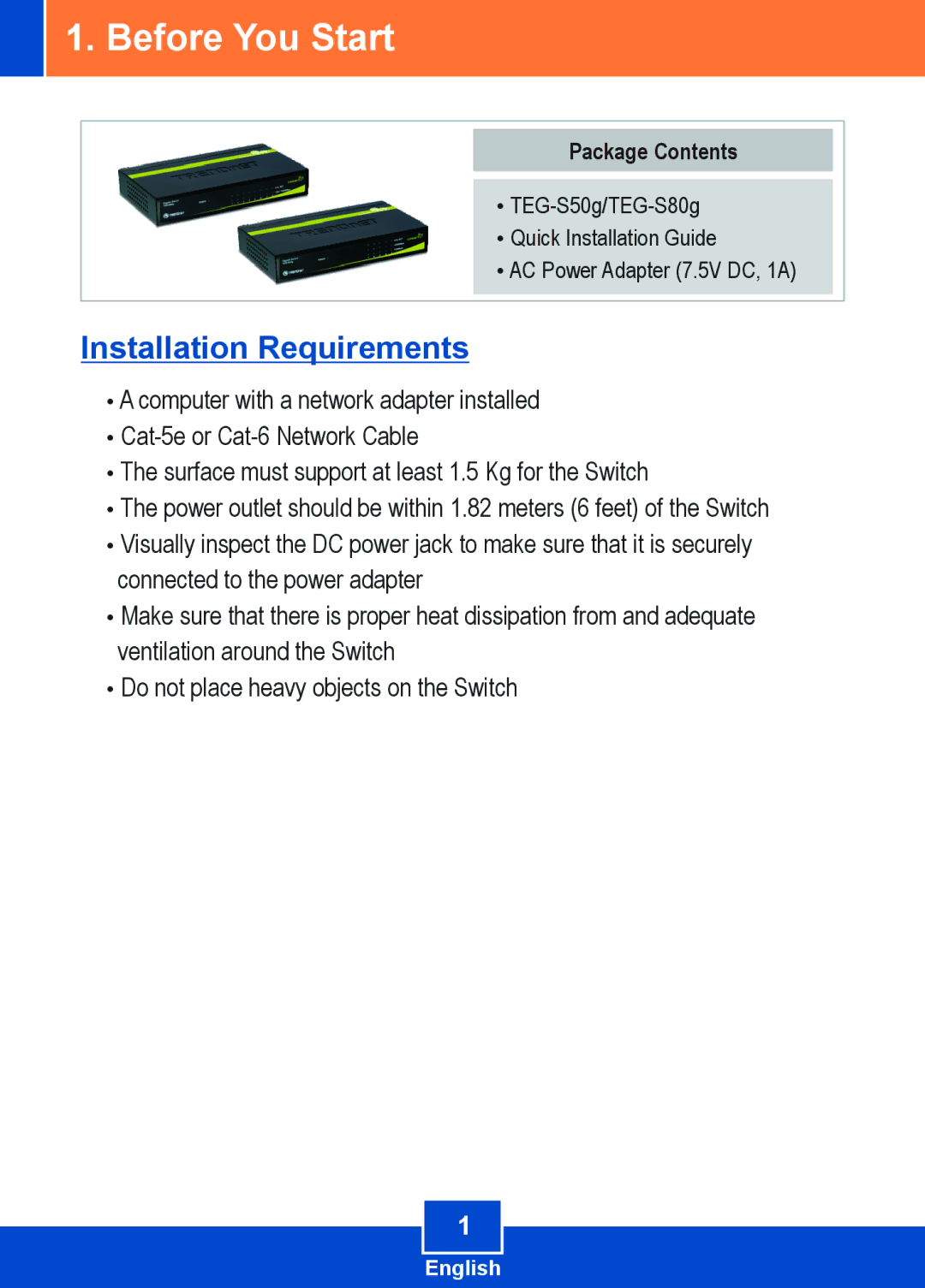 TRENDnet TEGS80G manual Before You Start, Installation Requirements, Package Contents 