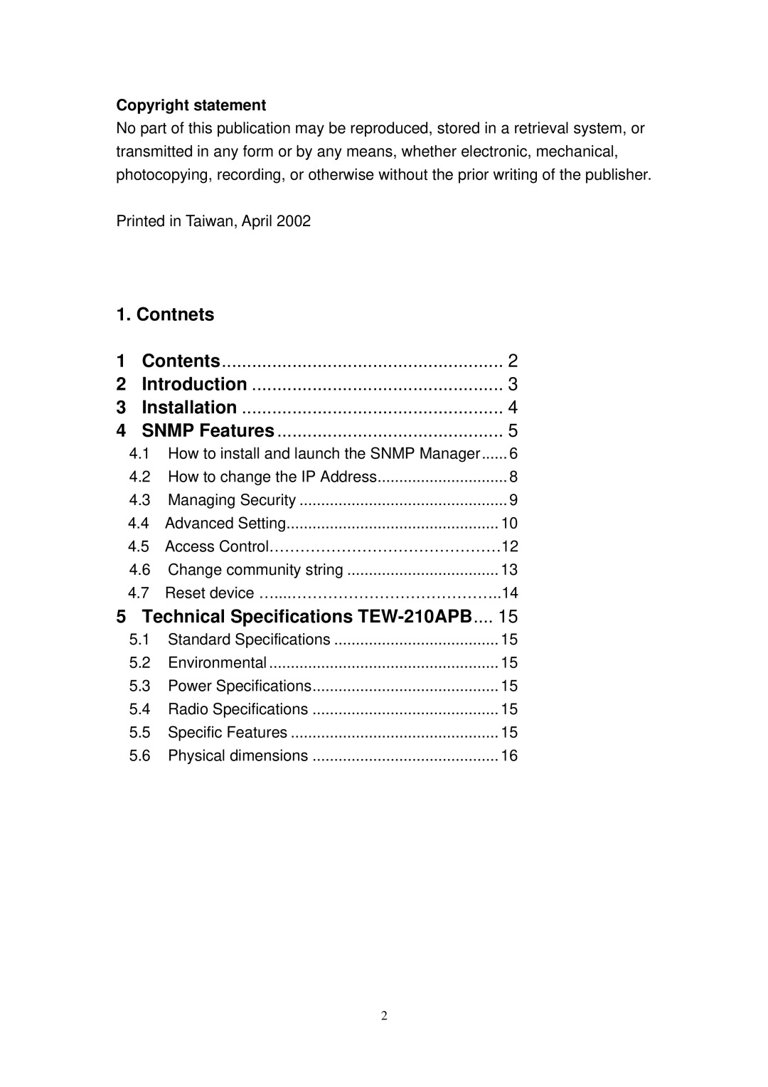 TRENDnet user manual Contnets, Technical Specifications TEW-210APB 