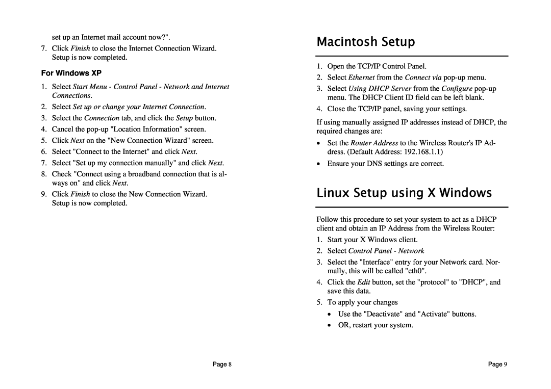 TRENDnet TEW-231BRP Macintosh Setup, Linux Setup using X Windows, For Windows XP, Select Control Panel - Network 