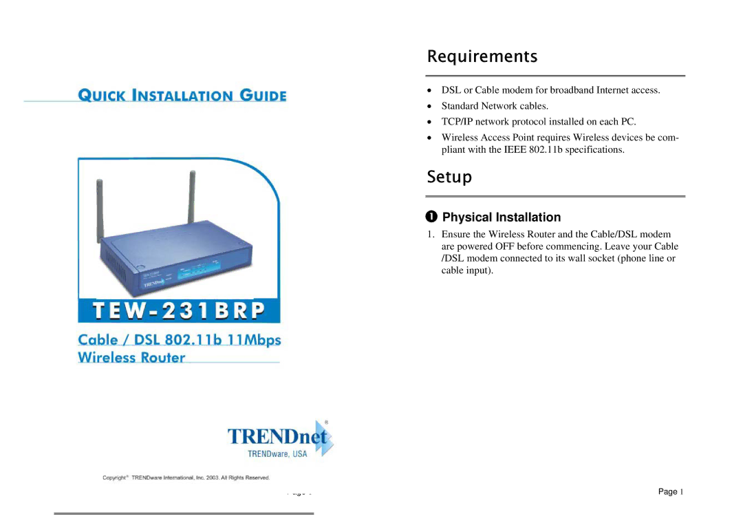 TRENDnet TEW-231BRP specifications Requirements, Setup, Physical Installation 