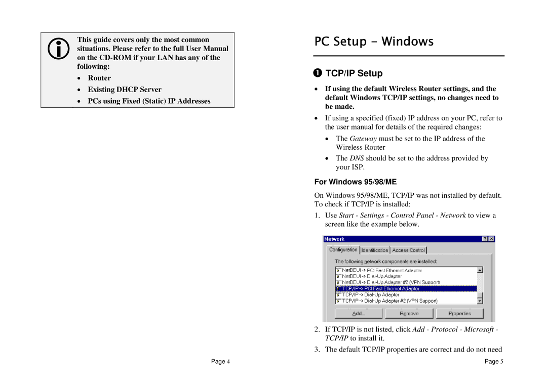 TRENDnet TEW-231BRP specifications PC Setup Windows, TCP/IP Setup, For Windows 95/98/ME 