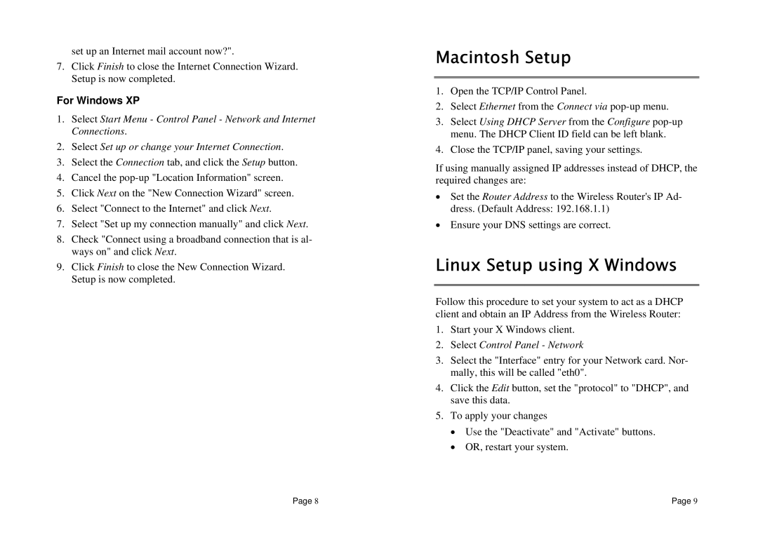 TRENDnet TEW-231BRP Macintosh Setup, Linux Setup using X Windows, For Windows XP, Select Control Panel Network 