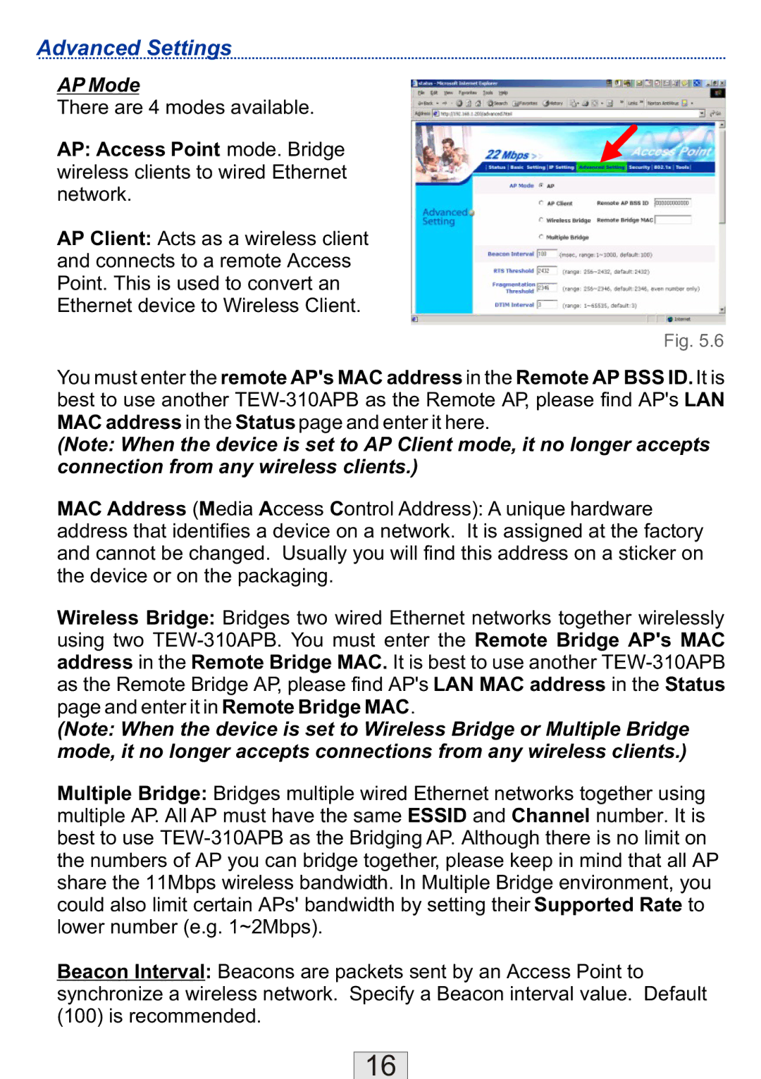 TRENDnet TEW-310APB manual Advanced Settings, AP Mode 