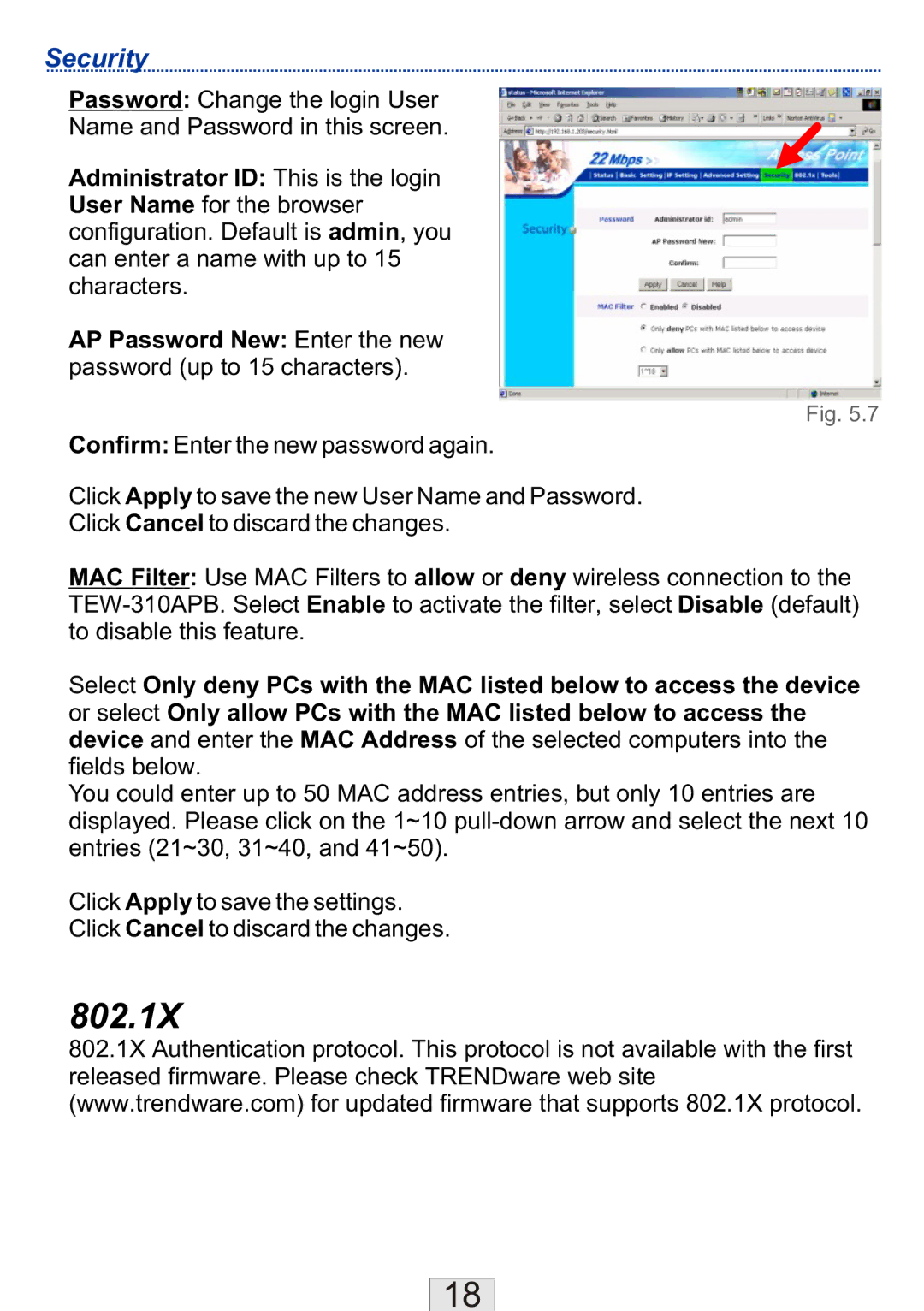 TRENDnet TEW-310APB manual 802.1X, Security 