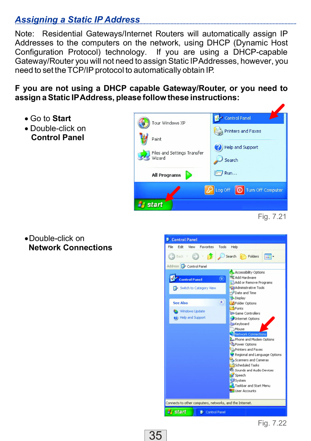 TRENDnet TEW-310APB manual Assigning a Static IP Address, Control Panel, Network Connections 