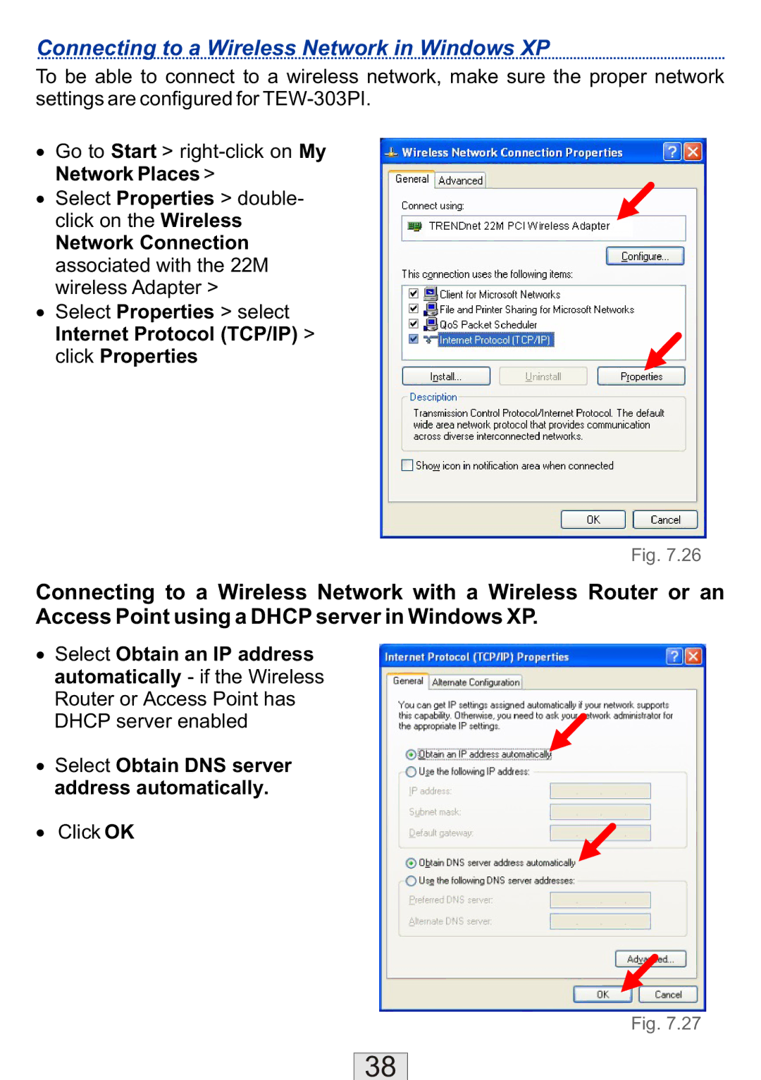 TRENDnet TEW-310APB Connecting to a Wireless Network in Windows XP, Network Connection, ∙ Select Obtain an IP address 