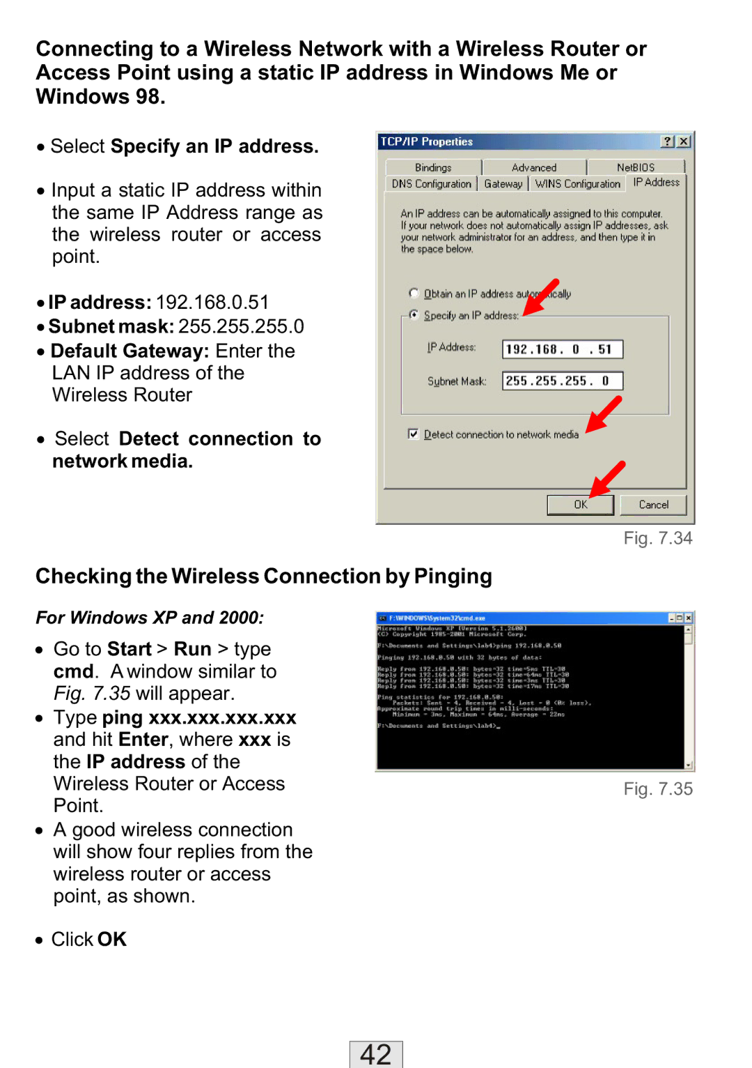 TRENDnet TEW-310APB manual Checking the Wireless Connection by Pinging, ∙ Select Specify an IP address 