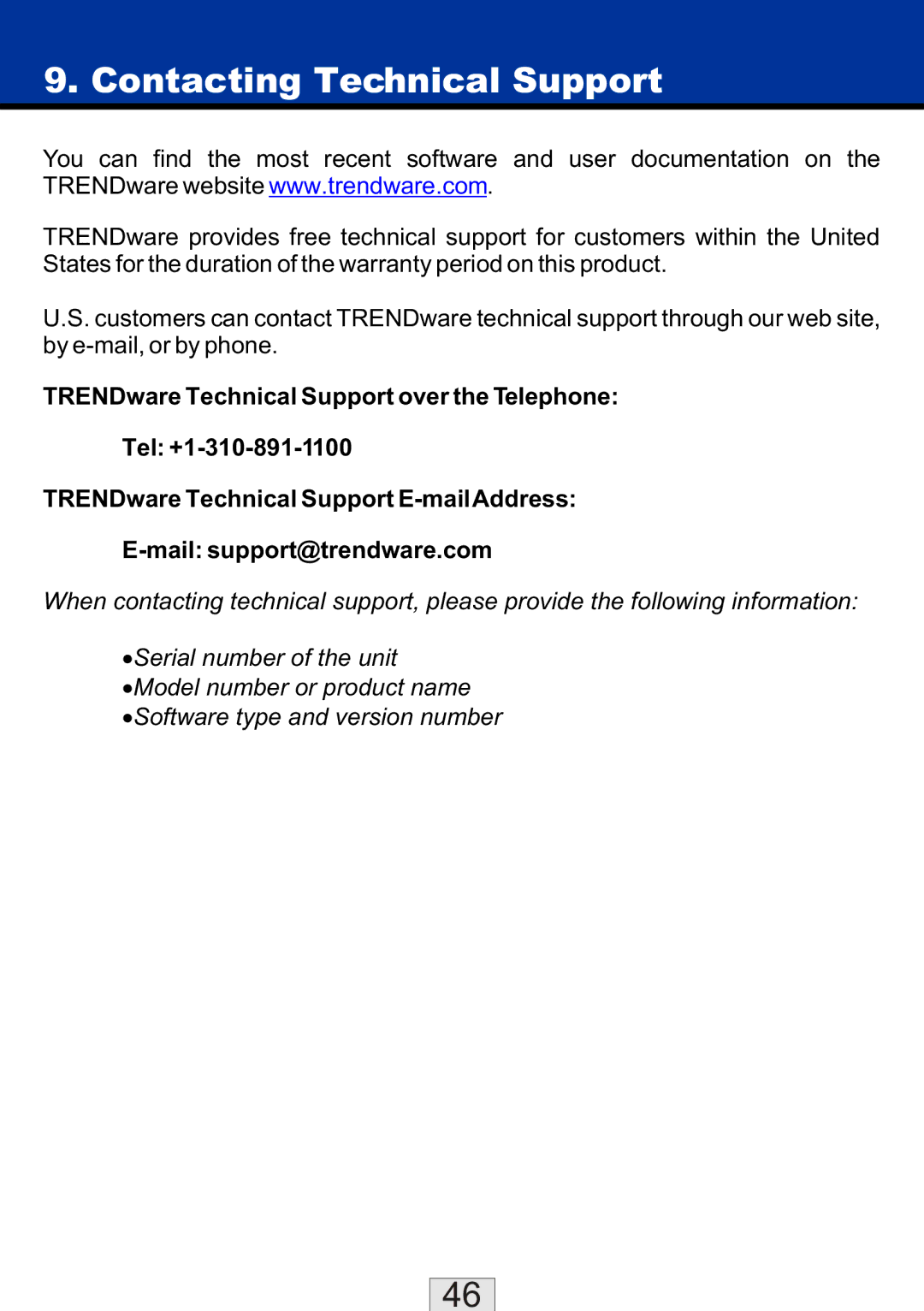 TRENDnet TEW-310APB manual Contacting Technical Support 