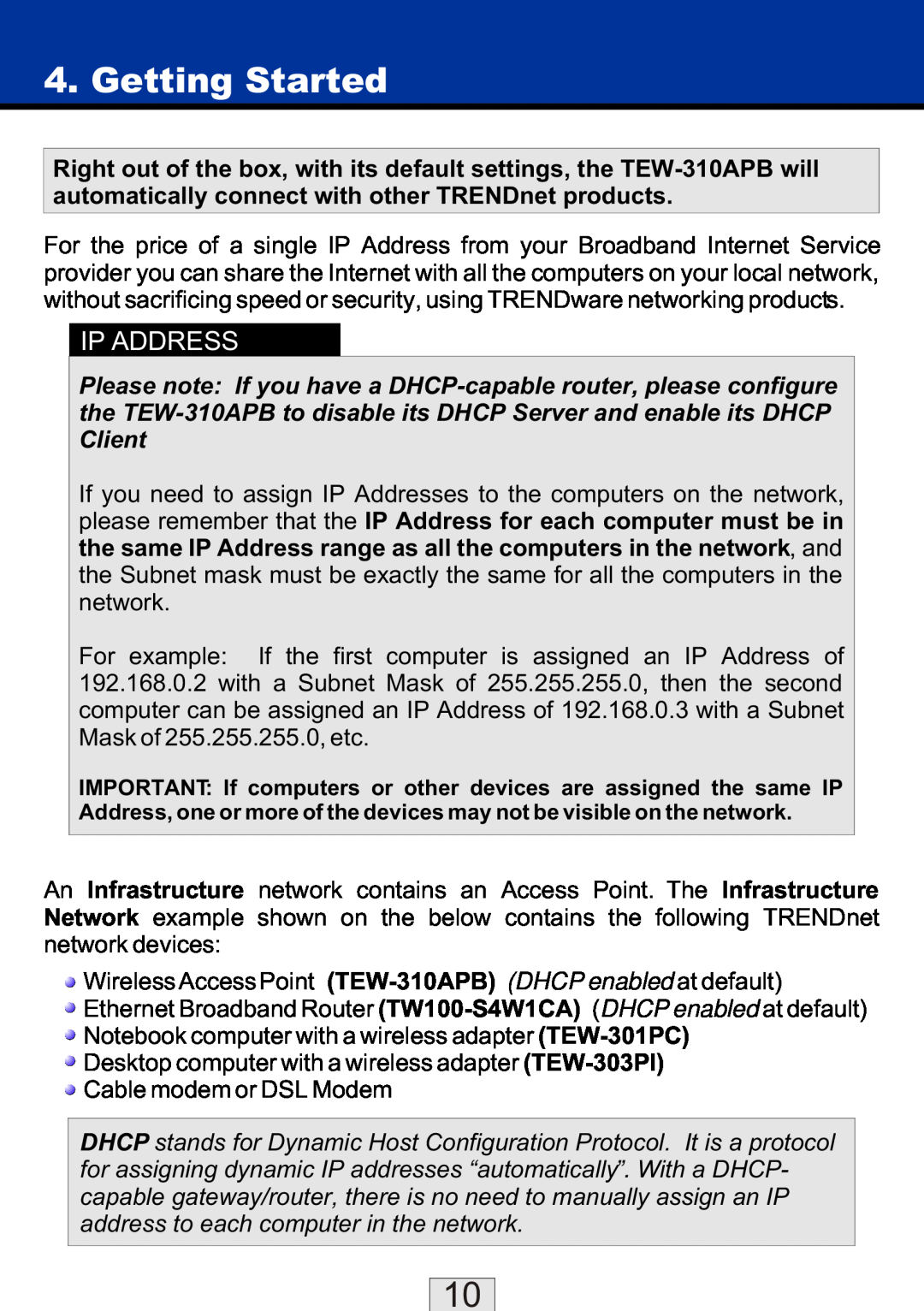 TRENDnet TEW-310APBX manual Getting Started, please remember that the IP Address for each computer must be in, Ip Address 
