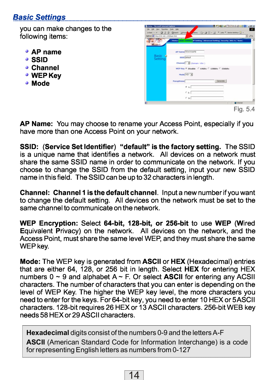 TRENDnet TEW-310APBX manual Basic Settings, AP name SSID Channel WEP Key Mode 