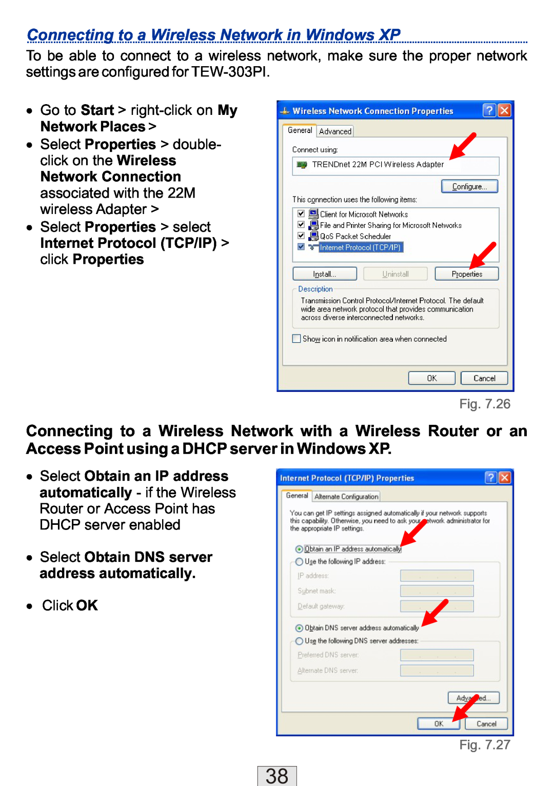 TRENDnet TEW-310APBX Connecting to a Wireless Network in Windows XP, Network Connection, ∙ Select Obtain an IP address 