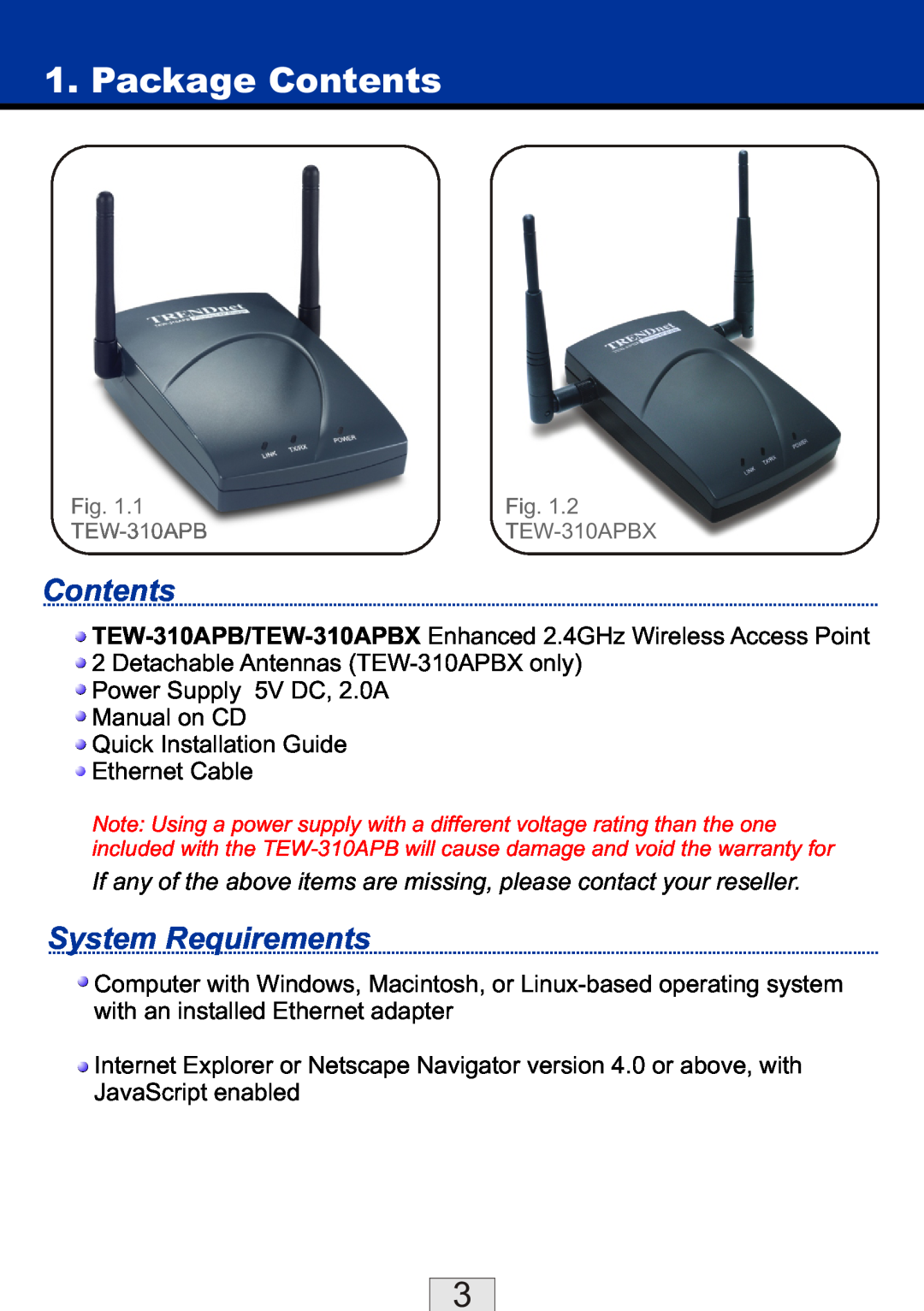 TRENDnet TEW-310APBX manual Package Contents, System Requirements 