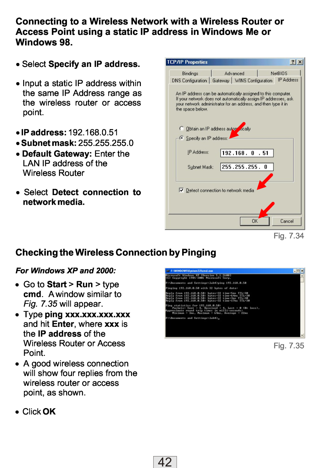 TRENDnet TEW-310APBX manual Checking the Wireless Connection by Pinging, ∙ Select Specify an IP address, For Windows XP and 