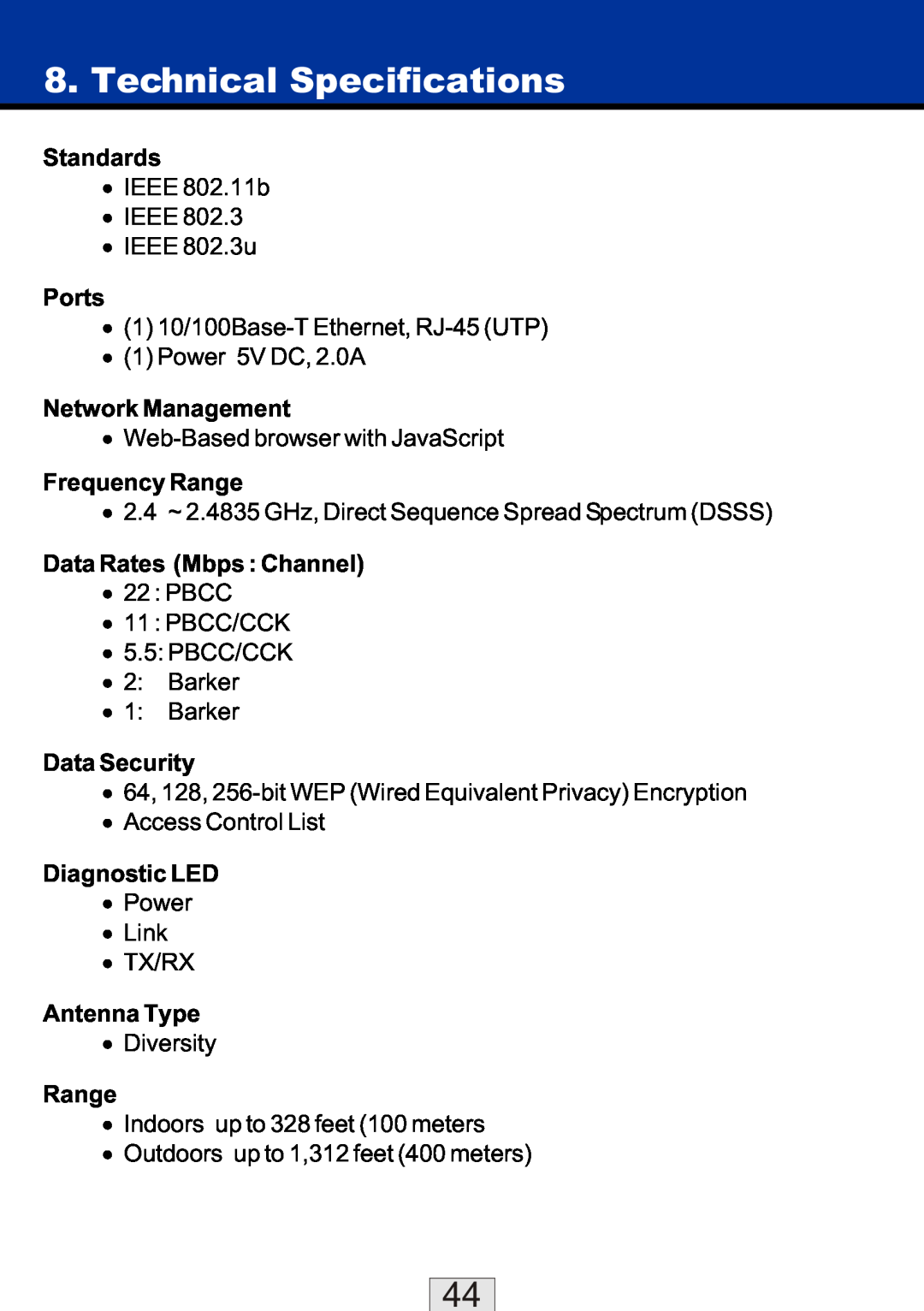 TRENDnet TEW-310APBX manual Technical Specifications, Standards, Ports, Network Management, Frequency Range, Data Security 