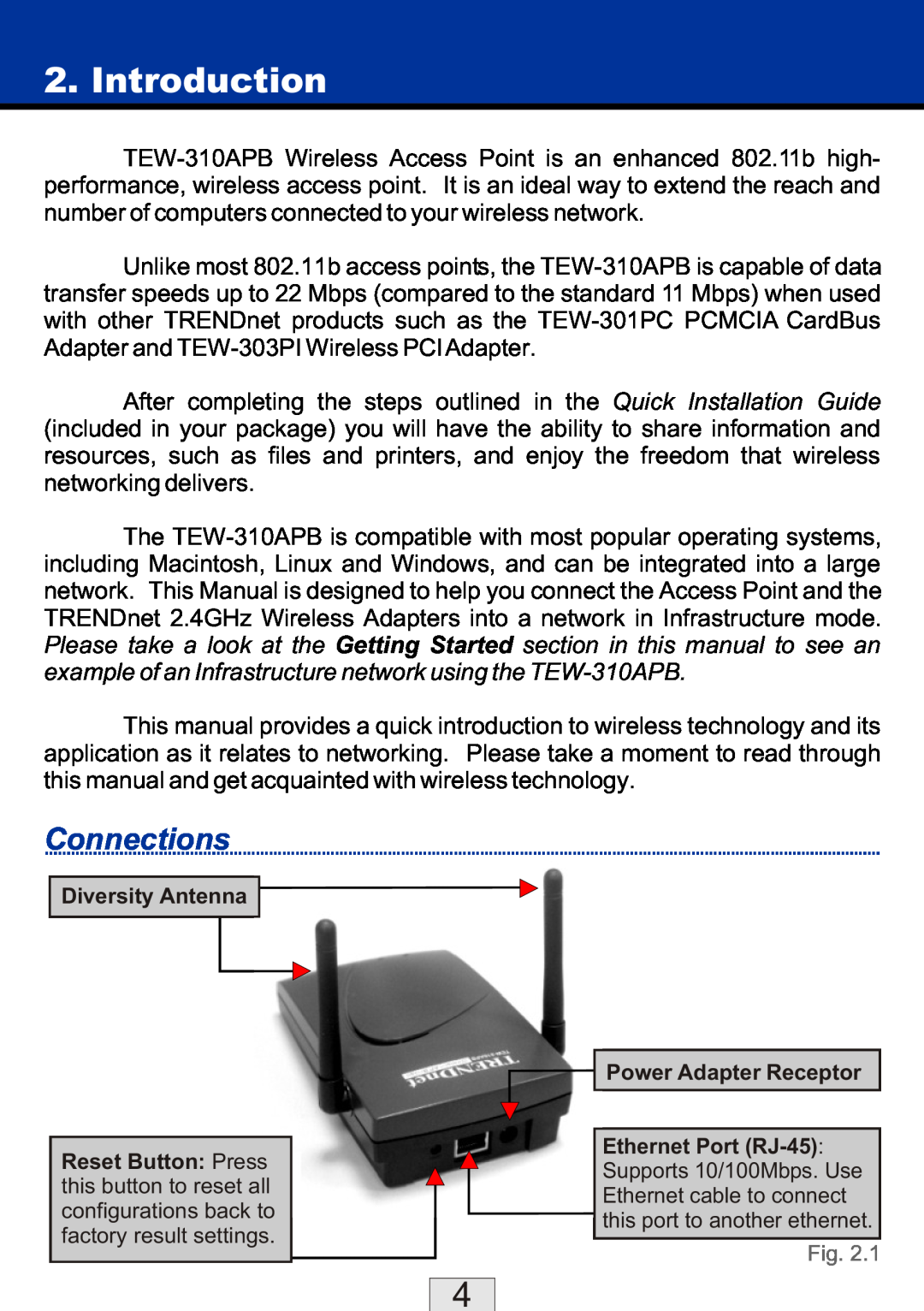 TRENDnet TEW-310APBX manual Introduction, Connections 
