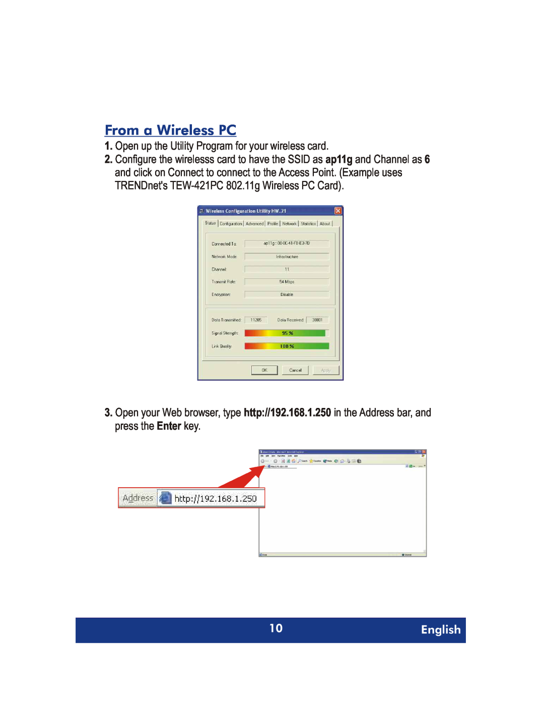 TRENDnet TEW-410APBplus, 54Mpbs 802.11g Wireless Access Point + Bridge manual From a Wireless PC, English 