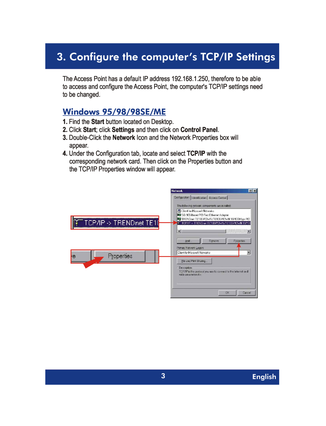 TRENDnet 54Mpbs 802.11g Wireless Access Point + Bridge Configure the computer’s TCP/IP Settings, Windows 95/98/98SE/ME 