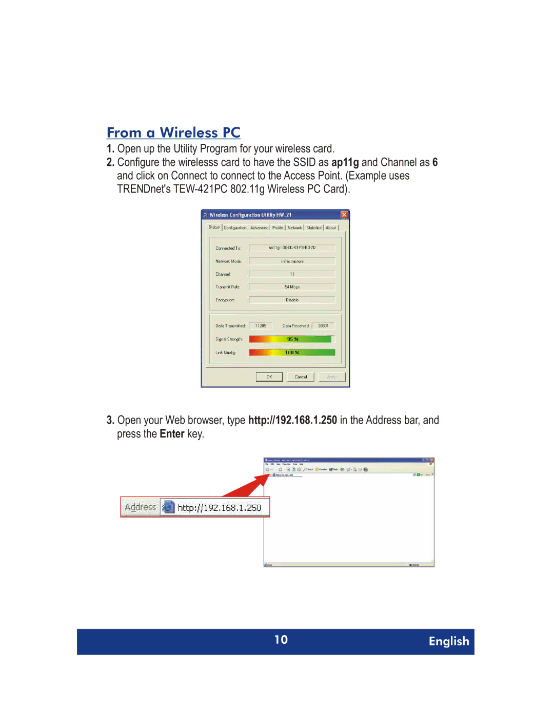 TRENDnet TEW-410APBplus, 54Mpbs 802.11g Wireless Access Point + Bridge manual From a Wireless PC 