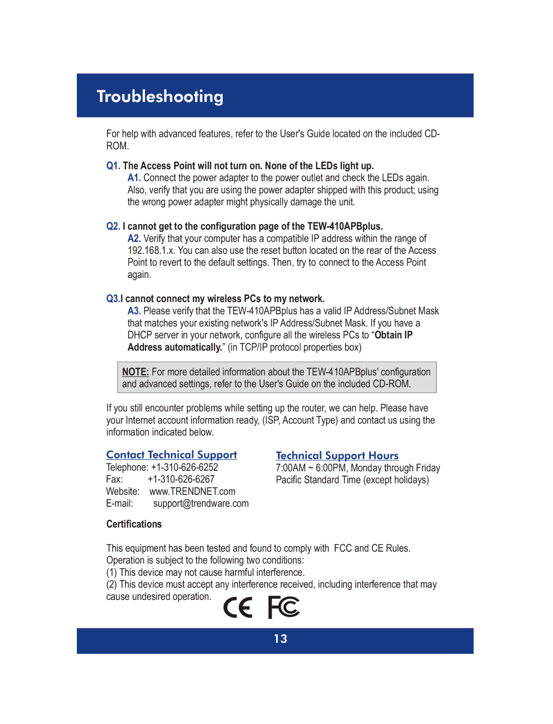 TRENDnet 54Mpbs 802.11g Wireless Access Point + Bridge, TEW-410APBplus manual Troubleshooting 