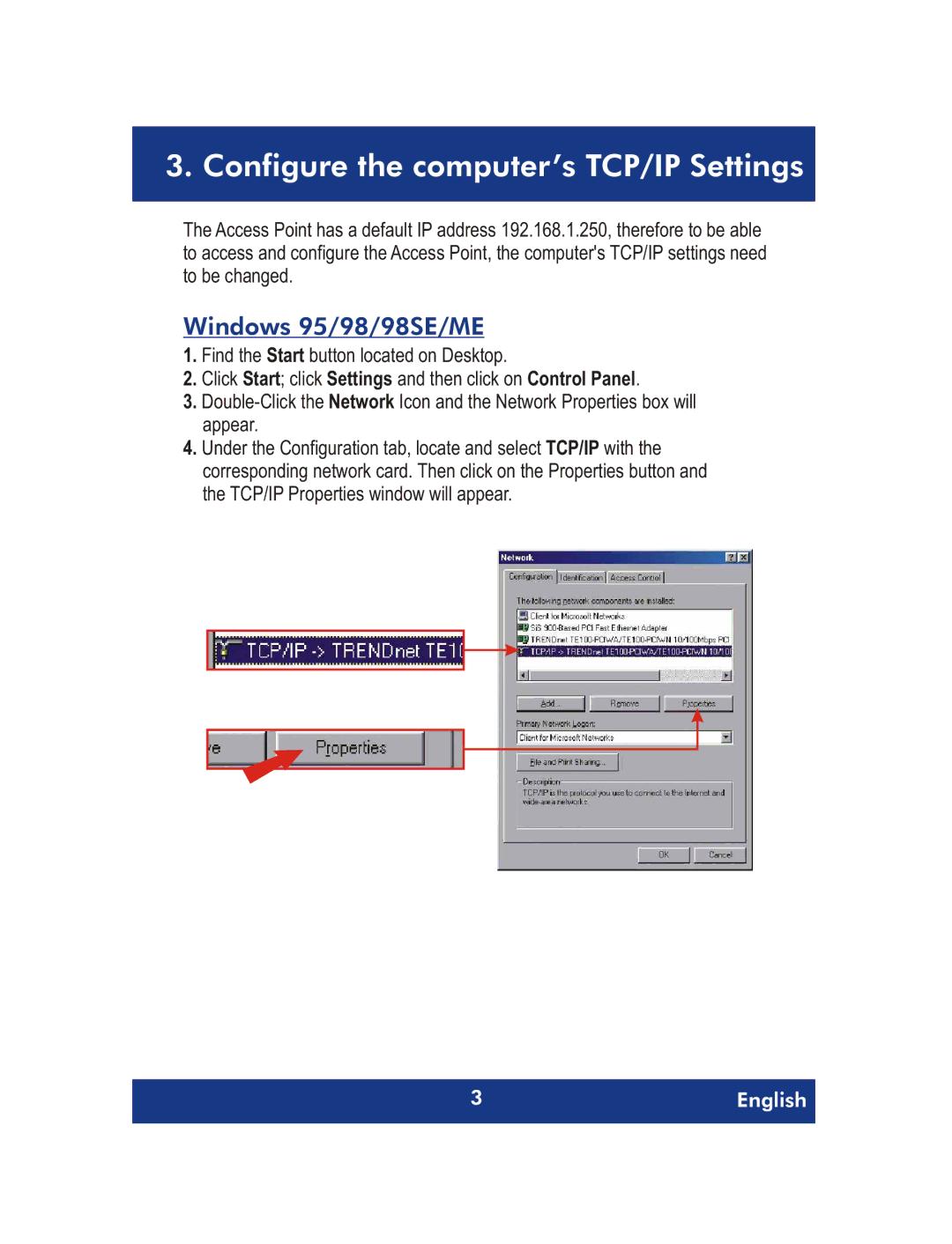 TRENDnet 54Mpbs 802.11g Wireless Access Point + Bridge Configure the computer’s TCP/IP Settings, Windows 95/98/98SE/ME 