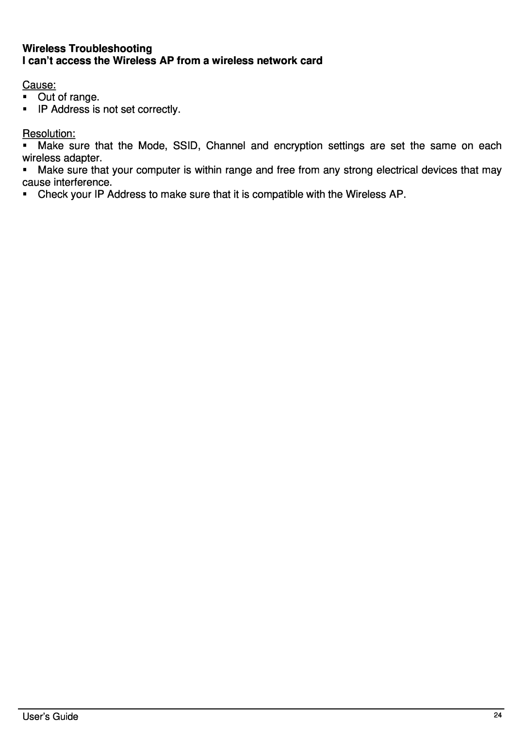 TRENDnet TEW-413APBO manual Wireless Troubleshooting, I can’t access the Wireless AP from a wireless network card 