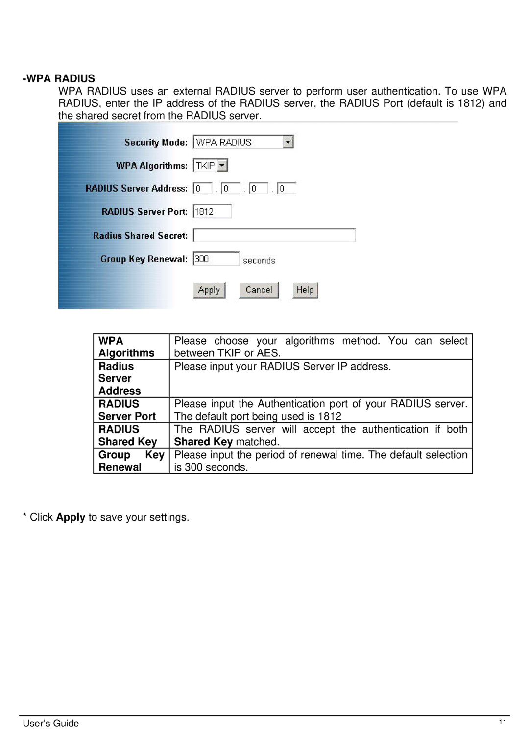 TRENDnet TEW-413APBO manual Please choose your algorithms method. You can select, Server Port Default port being used is 