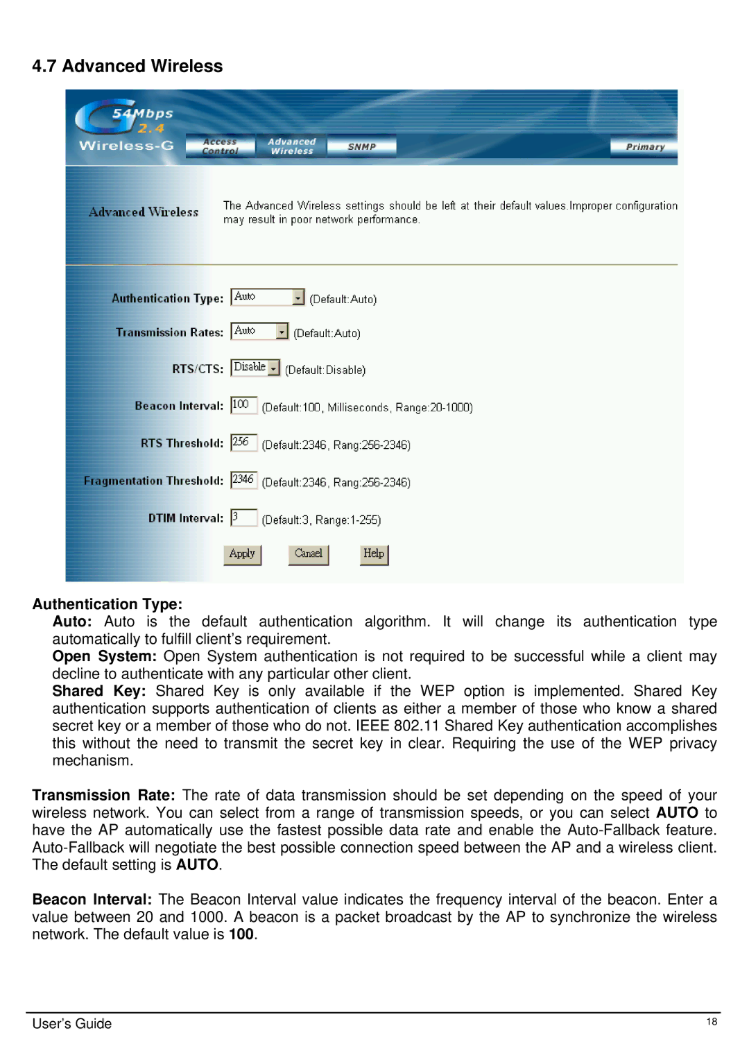 TRENDnet TEW-413APBO manual Advanced Wireless, Authentication Type 