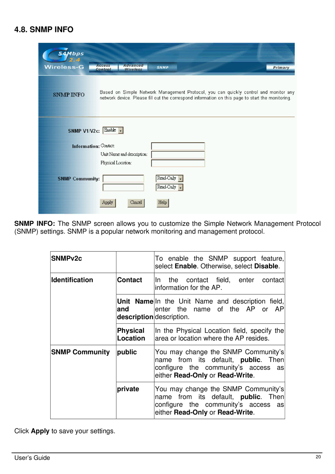 TRENDnet TEW-413APBO SNMPv2c, Identification Contact, Description description, Physical, Location, Snmp Community Public 