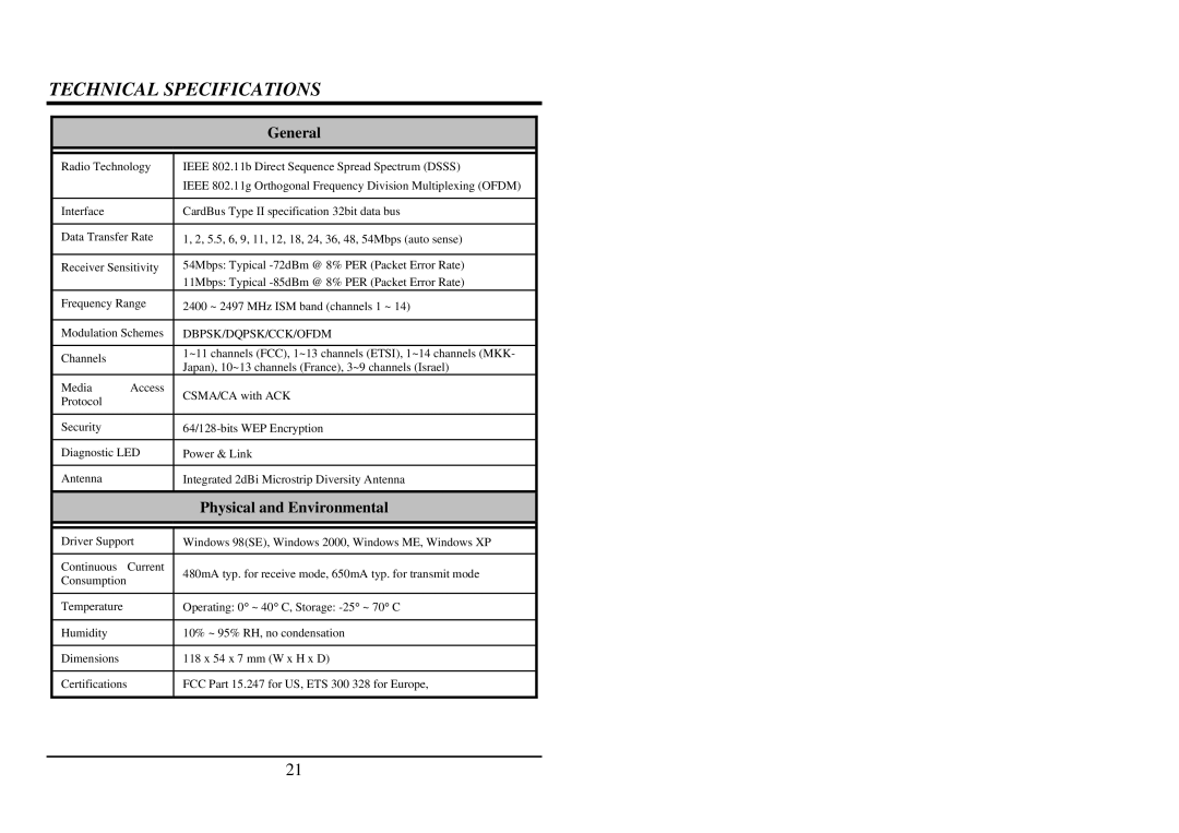 TRENDnet TEW-421PC manual Technical Specifications, General 