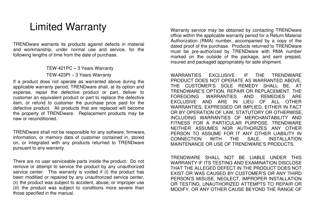 TRENDnet TEW-421PC manual Limited Warranty 