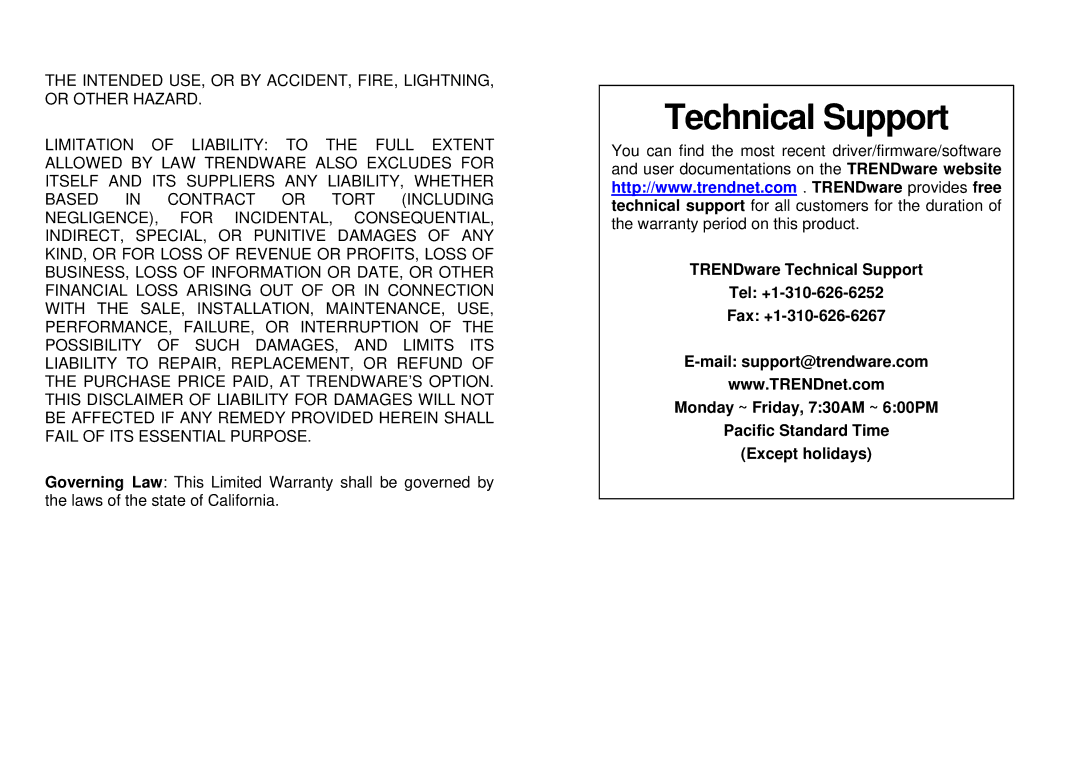 TRENDnet TEW-421PC manual Technical Support 