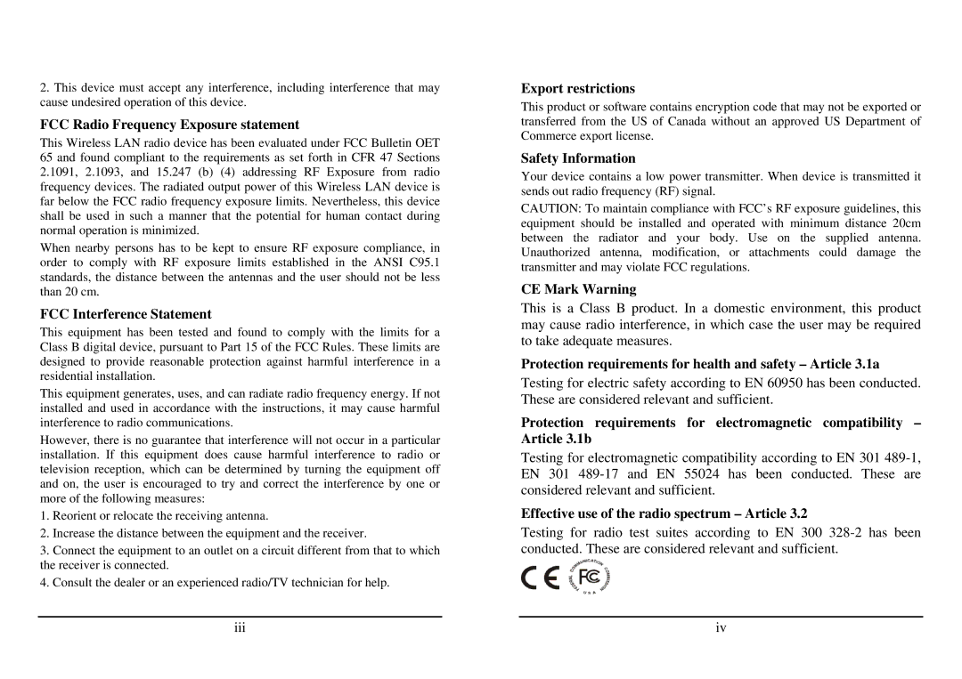 TRENDnet TEW-421PC manual FCC Radio Frequency Exposure statement, FCC Interference Statement, Export restrictions 