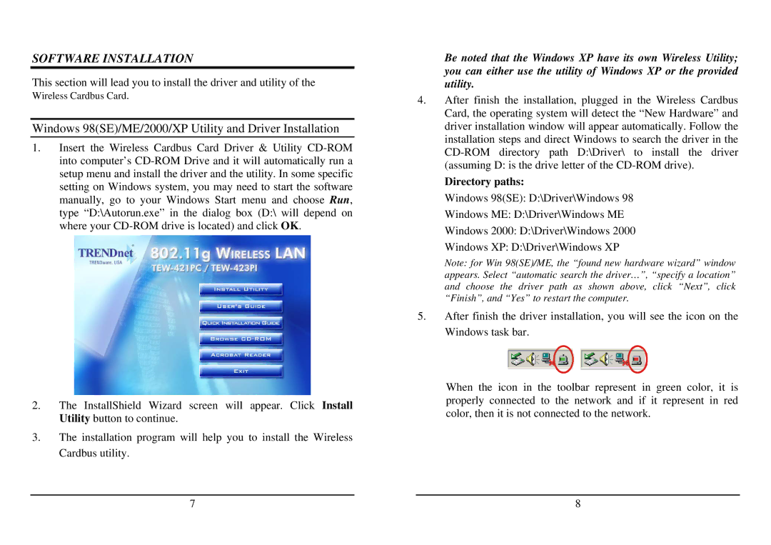 TRENDnet TEW-421PC manual Software Installation, Windows 98SE/ME/2000/XP Utility and Driver Installation, Directory paths 