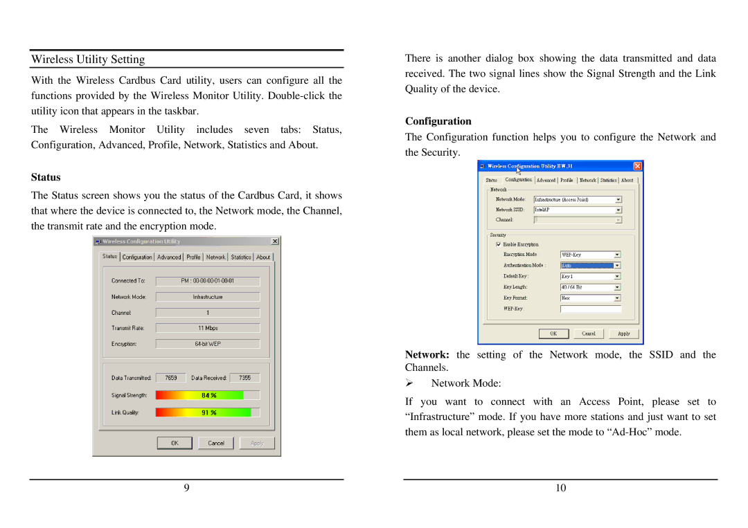 TRENDnet TEW-421PC manual Wireless Utility Setting, Status, Configuration 