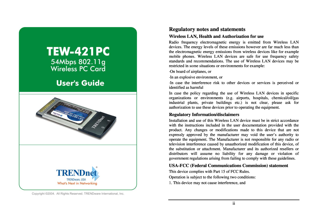 TRENDnet TEW-421PC manual Wireless LAN, Health and Authorization for use, Regulatory Information/disclaimers 