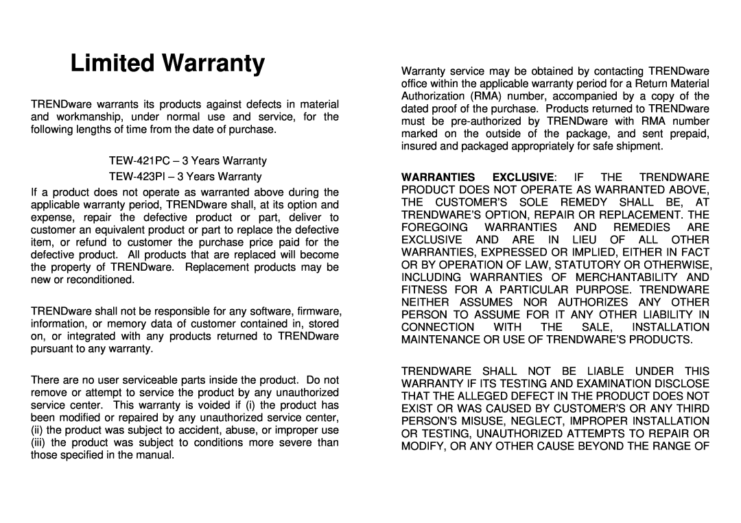 TRENDnet TEW-421PC manual Limited Warranty 